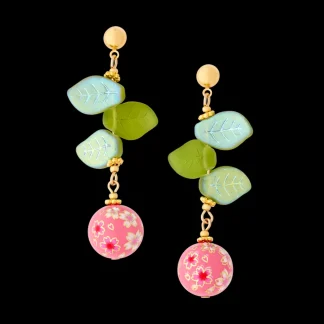 White House Historical Association Cherry Blossom Drop Earrings with Glass Leaves and Hand Painted Tensha Bead Store