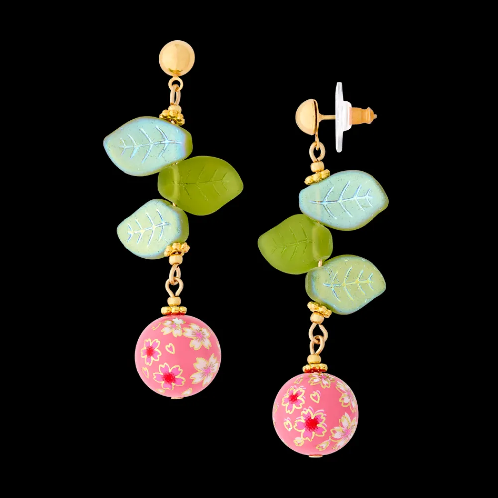 White House Historical Association Cherry Blossom Drop Earrings with Glass Leaves and Hand Painted Tensha Bead Store