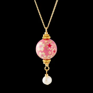 White House Historical Association Cherry Blossom Hand Painted Tensha Bead Pendant Necklace with Pearl Flash Sale