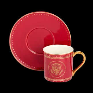 White House Historical Association Red and Gold Truman Seal Espresso Cups with Saucers, Set of Two Flash Sale