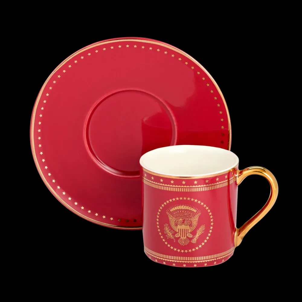 White House Historical Association Red and Gold Truman Seal Espresso Cups with Saucers, Set of Two Flash Sale